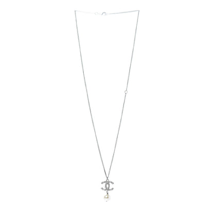 Chanel Crystal Pearl Twisted CC Drop Necklace Silver 3 of 5