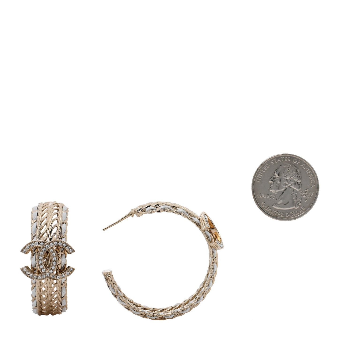 Crystal Lambskin CC Double Chain Hoop Earrings Gold White