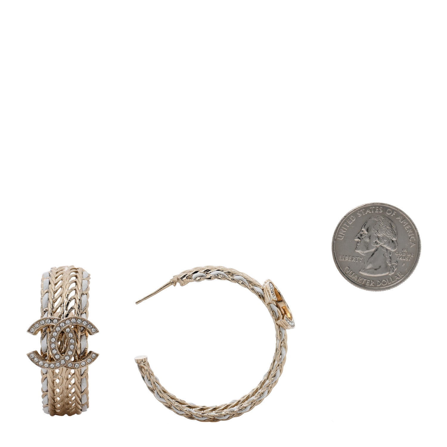 Chanel Crystal Lambskin CC Double Chain Hoop Earrings Gold White 2 of 5