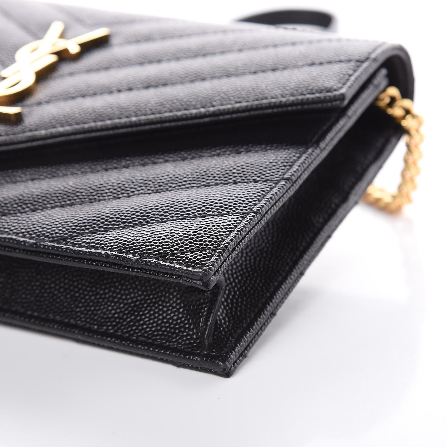 Saint Laurent Grain De Poudre Matelasse Chevron Monogram Envelope Chain Wallet Black 10 of 11