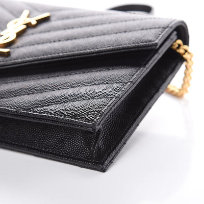 Saint Laurent Grain De Poudre Matelasse Chevron Monogram Envelope Chain Wallet Black 10 of 11