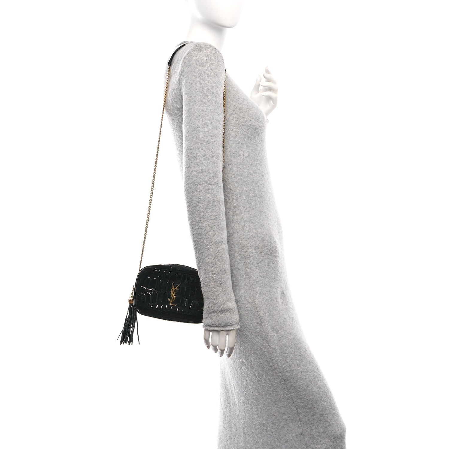 Saint Laurent Patent Calfskin Crocodile Embossed Monogram Mini Lou Camera Bag Black 2 of 10