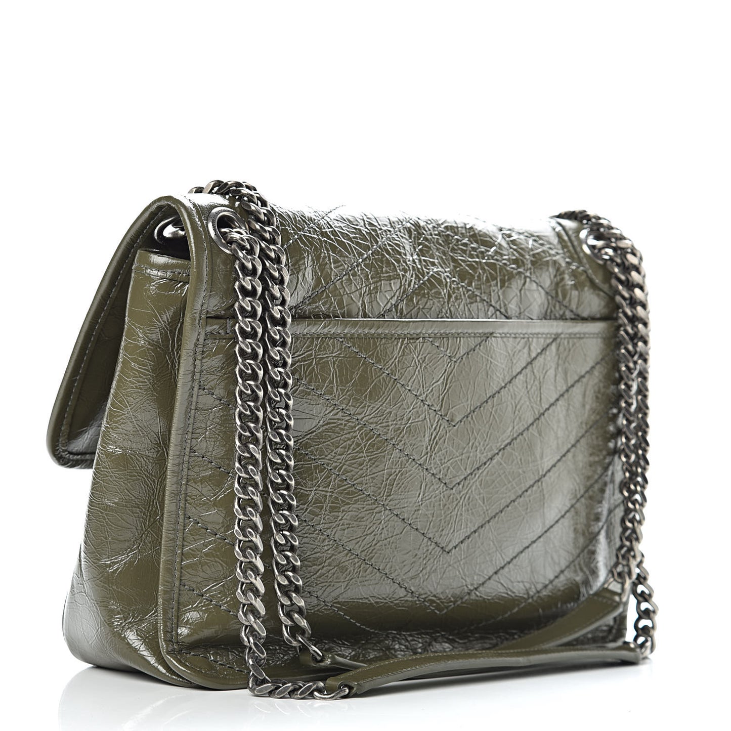 Crinkled Calfskin Matelasse Monogram Medium Niki Chain Satchel Military Olive