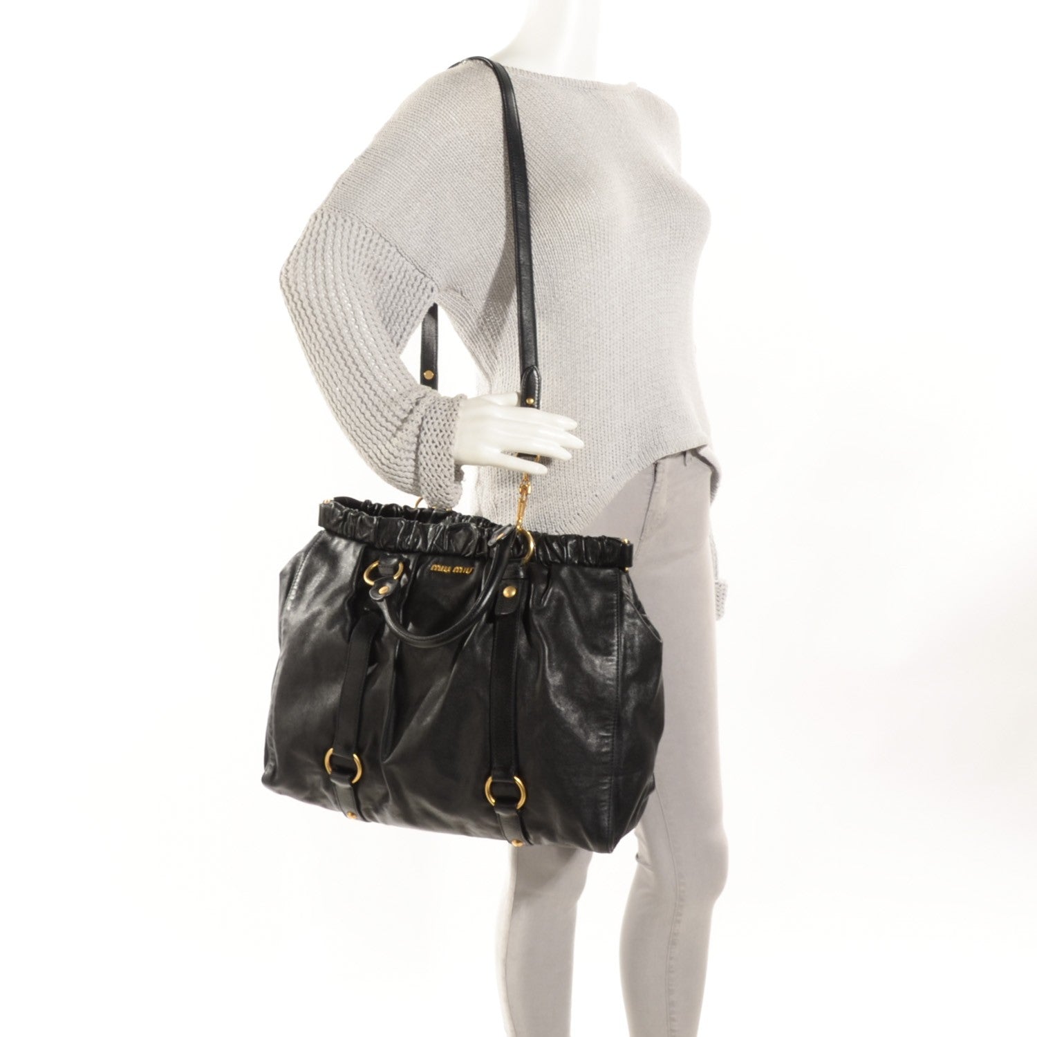 Miu Miu Vitello Lux Gathered Tote Black 2 of 8
