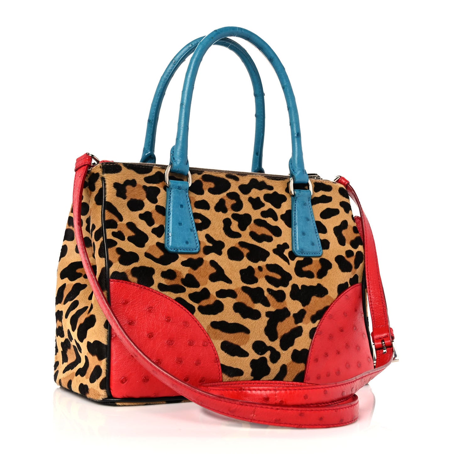 Ostrich Cavallino Leopard Print Small Galleria Double Zip Tote Miele Rosso