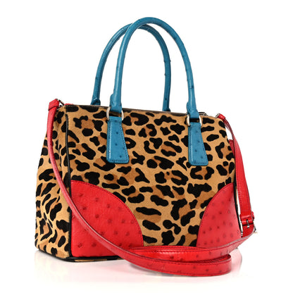 Prada Ostrich Cavallino Leopard Print Small Galleria Double Zip Tote Miele Rosso 2 of 9