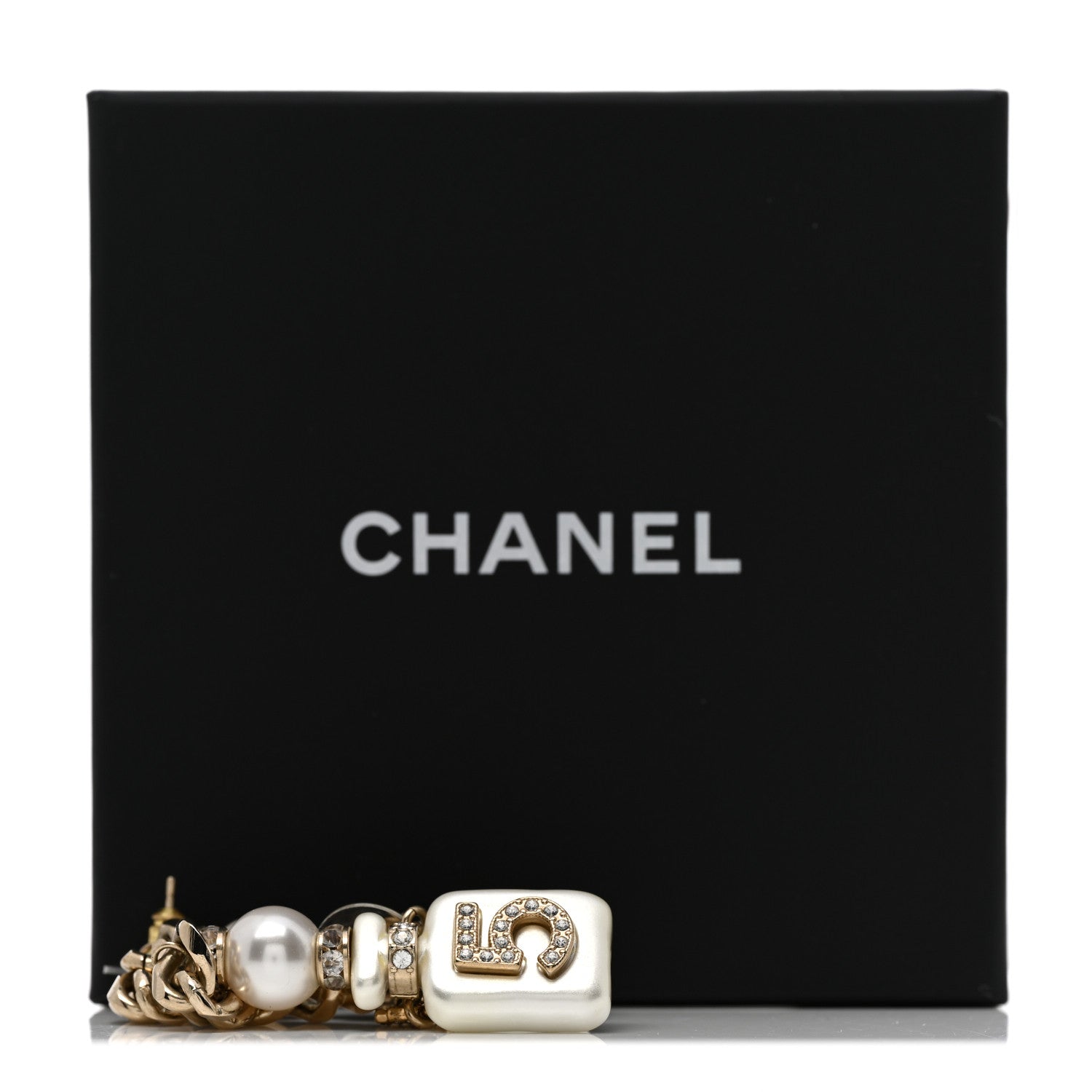 Chanel Pearl Resin Crystal CC No 5 Perfume Bottle Chain Drop Earrings Gold Pearly White 8 of 8