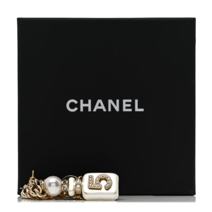 Chanel Pearl Resin Crystal CC No 5 Perfume Bottle Chain Drop Earrings Gold Pearly White 8 of 8