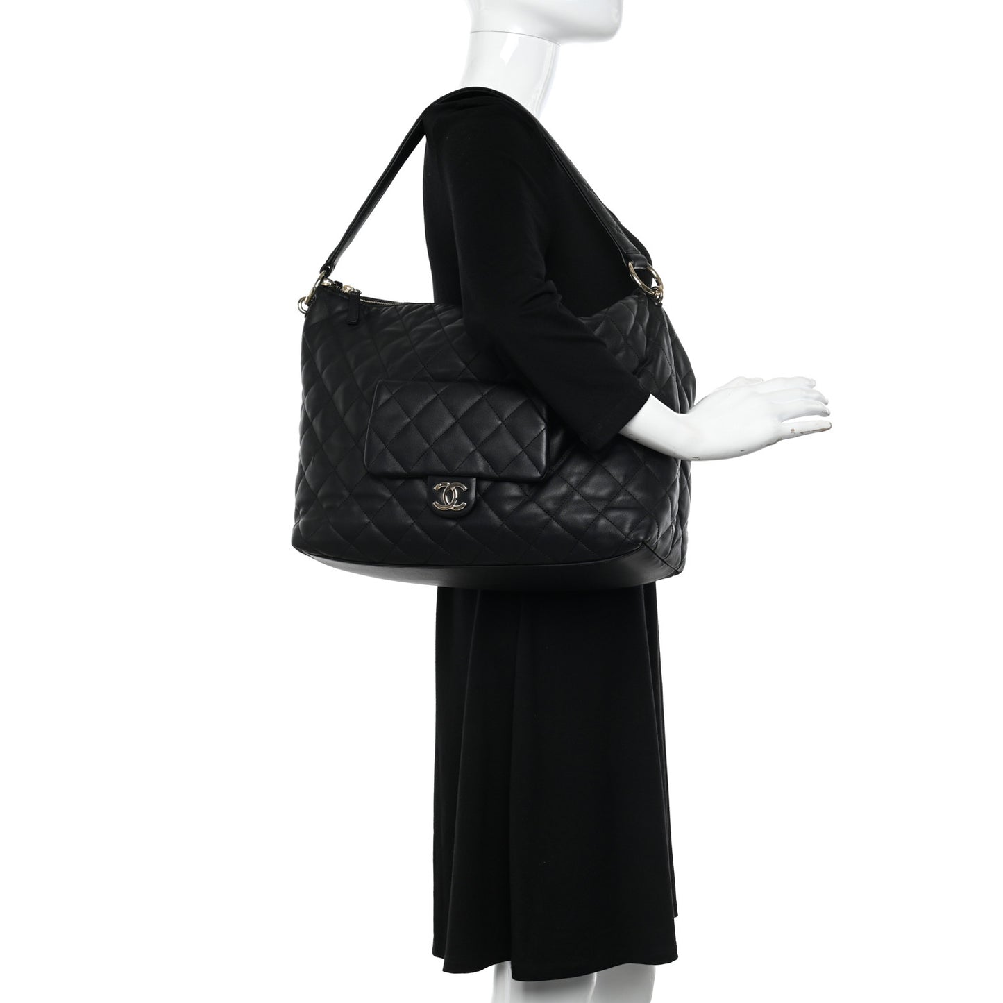 Lambskin Quilted Pocket Hobo Black