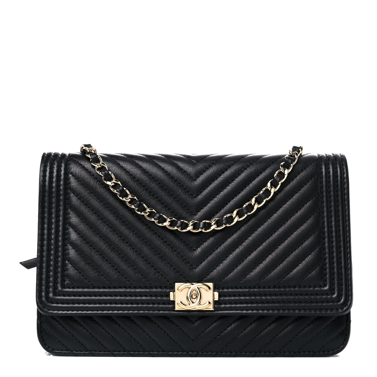 Chanel Calfskin Chevron Boy Wallet On Chain WOC Black 1 of 15