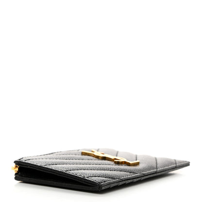 Saint Laurent Grain De Poudre Matelasse Chevron Monogram Fragments Zippered Card Case Black 4 of 8