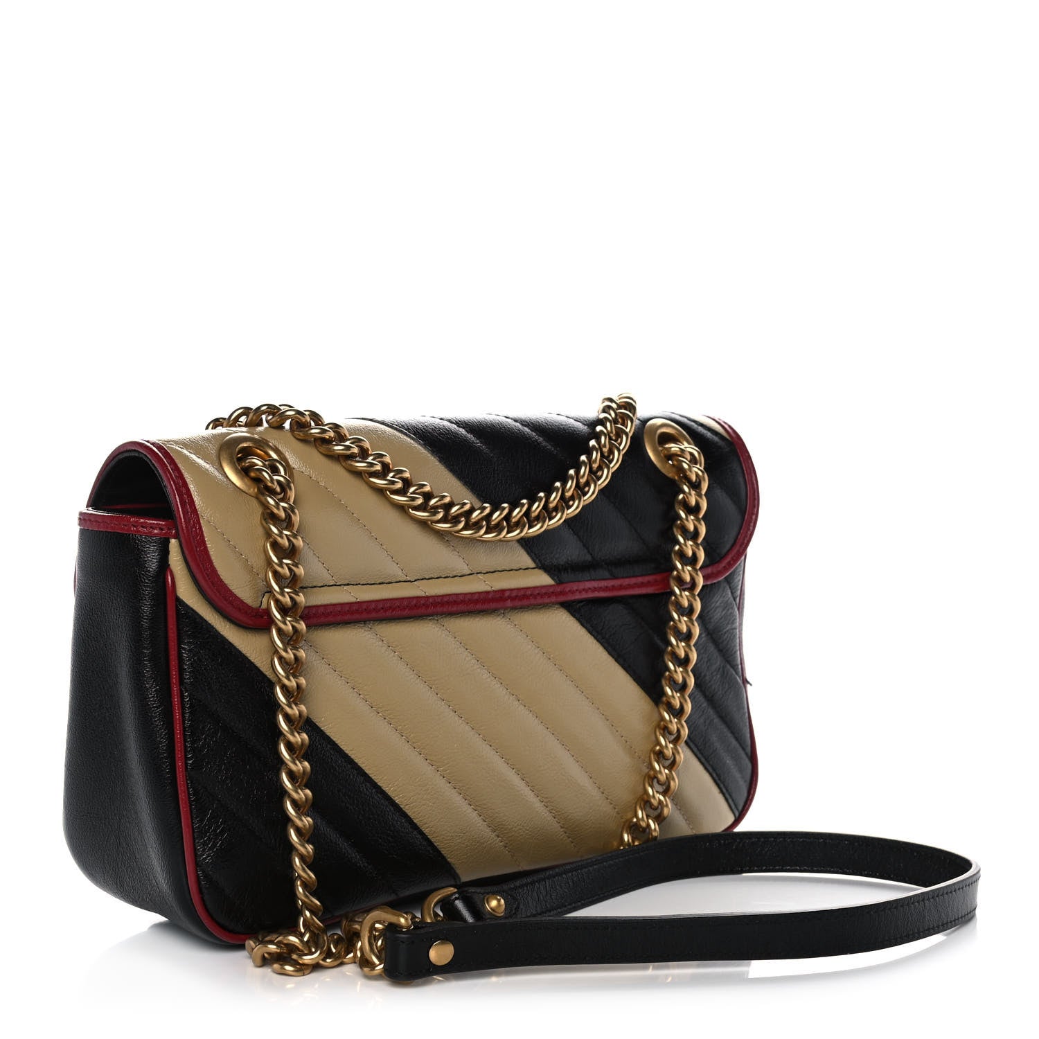 Gucci Vintage Effect Calfskin Matelasse Diagonal Striped Small Torchon GG Marmont Shoulder Bag Black Beige 3 of 13