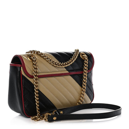 Gucci Vintage Effect Calfskin Matelasse Diagonal Striped Small Torchon GG Marmont Shoulder Bag Black Beige 3 of 13
