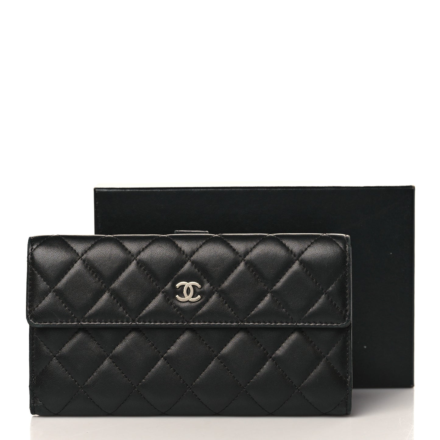 Lambskin Quilted Long Flap Wallet Black