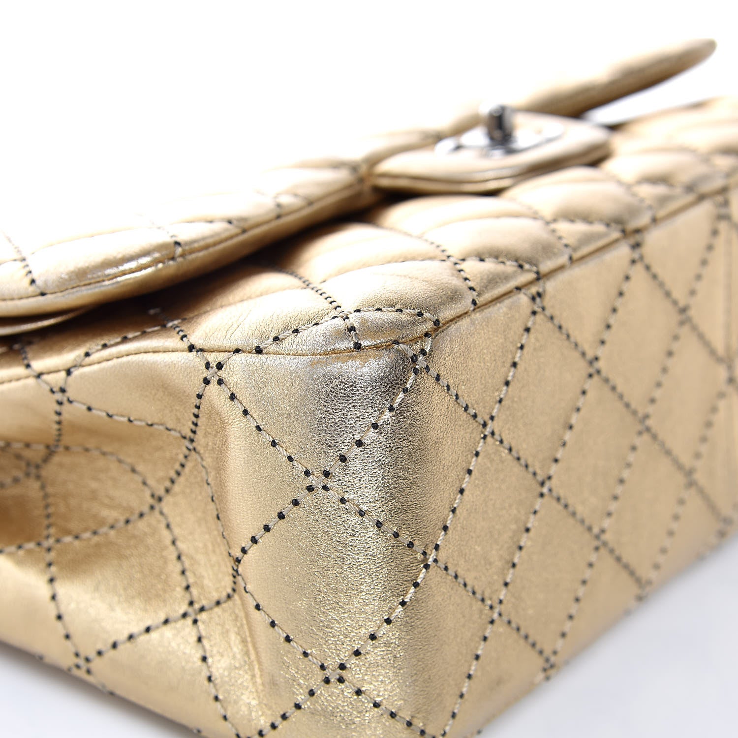 Chanel Metallic Washed Lambskin Quilted Jumbo Double Flap Dark Gold Black 9 of 12