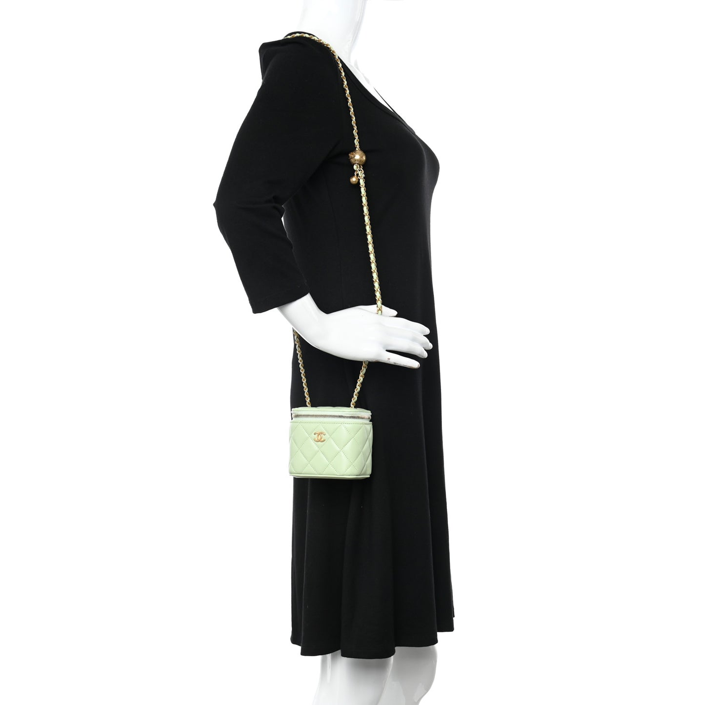Lambskin Quilted Pearl Crush Mini Vanity Case With Chain Light Green