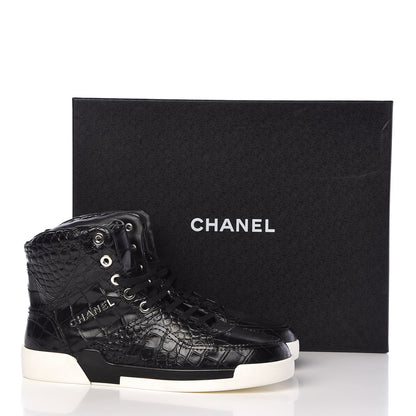 Chanel Calfskin Crocodile Embossed Mens Cocodile High Top Sneakers 42 Black 11 of 11
