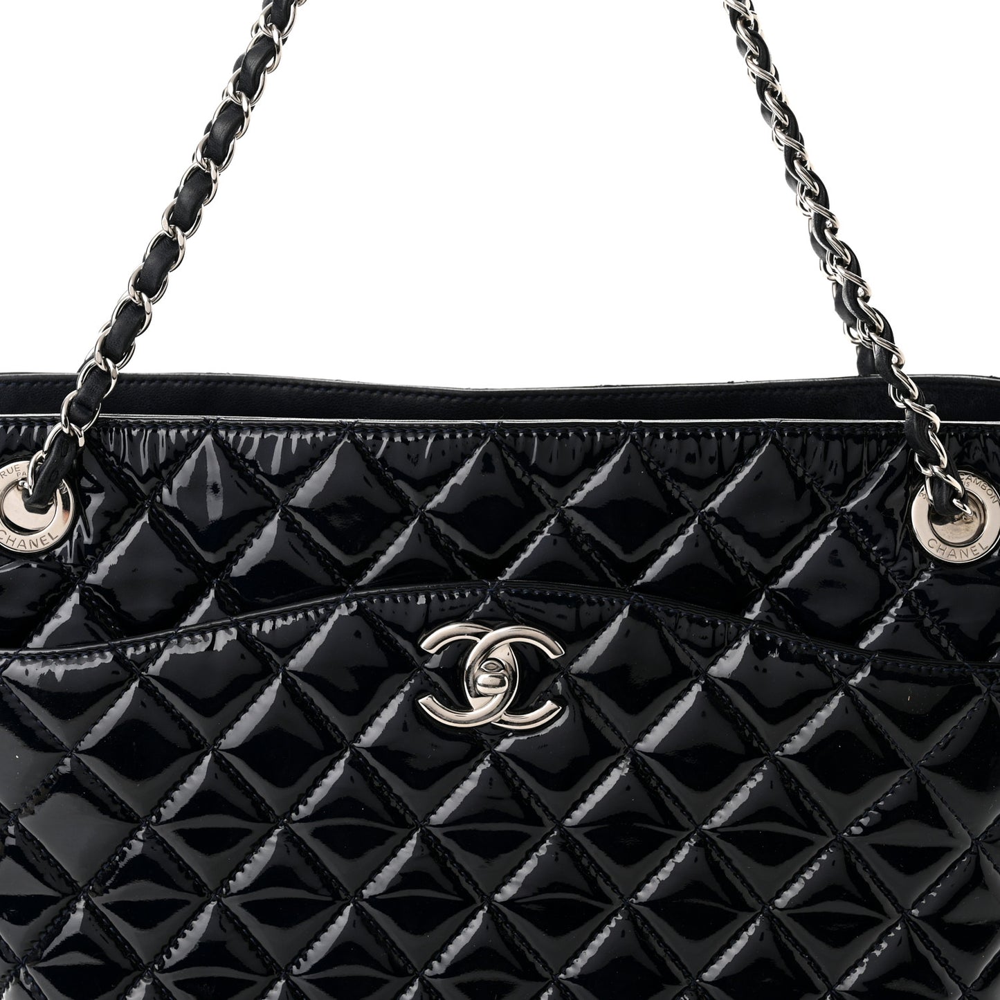 Patent Quilted Accordion Shopping Tote Navy