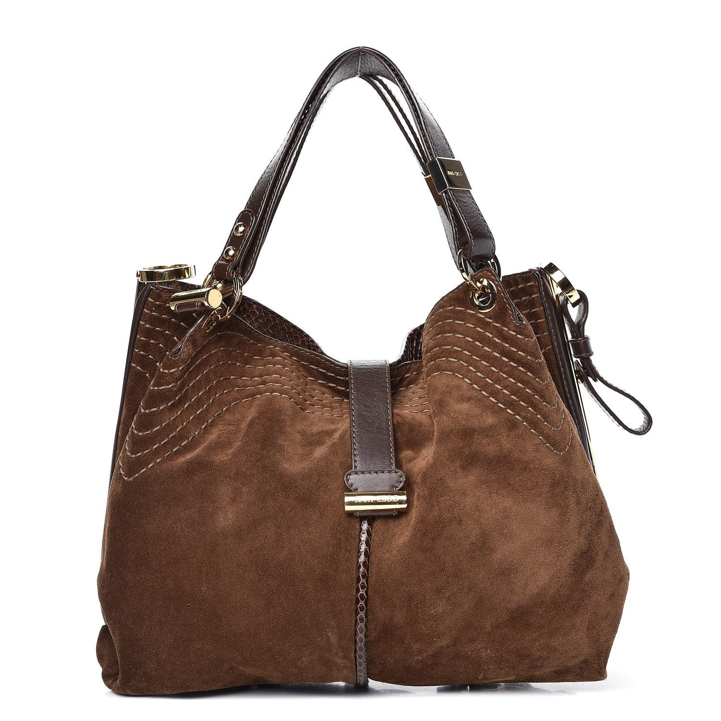 JIMMY CHOO Suede Watersnake Trim Alex Shoulder Bag Cognac