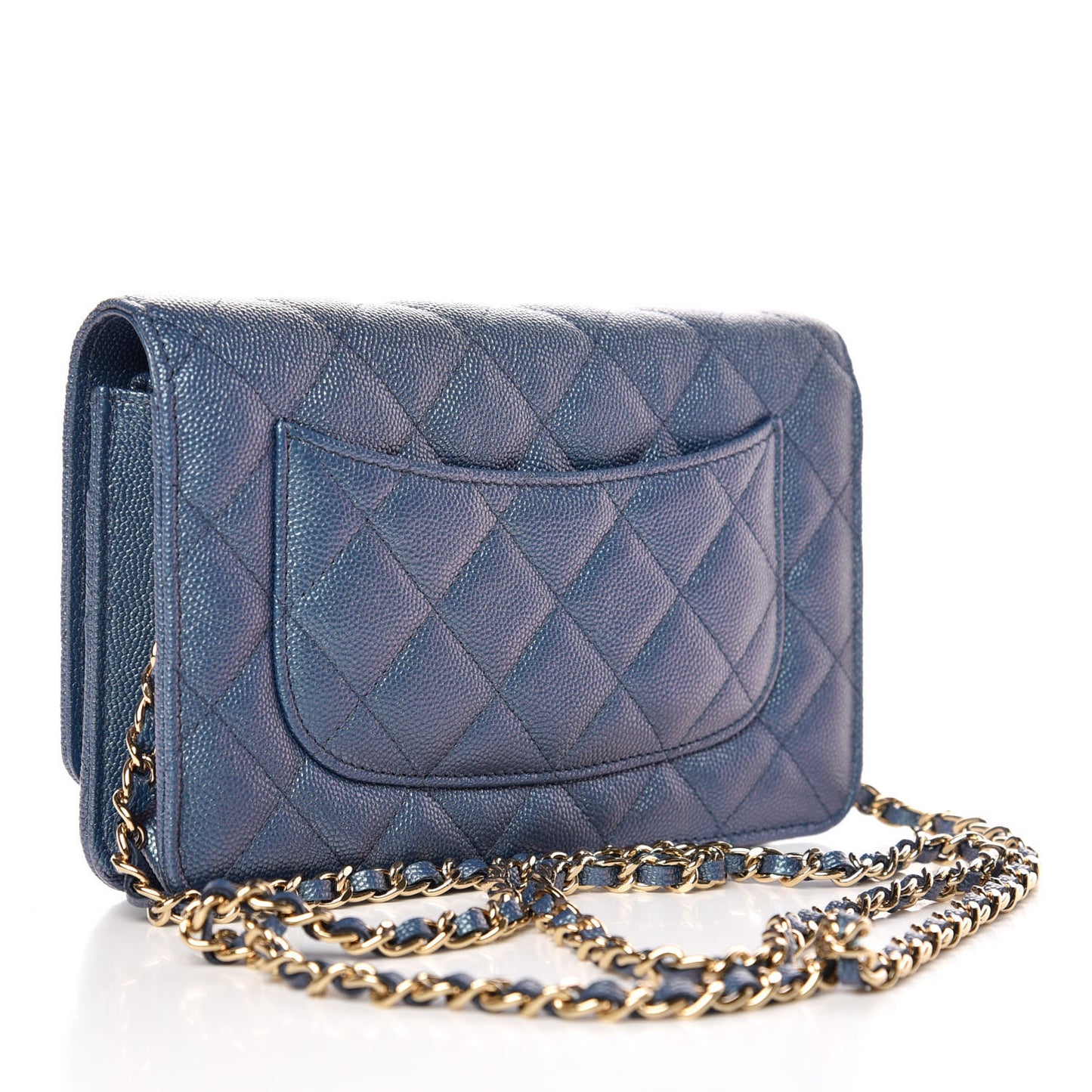 Iridescent Caviar Quilted Wallet On Chain WOC Dark Blue