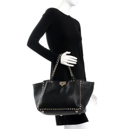 Valentino Garavani Alce Printed Calfskin Medium Rockstud Tote Black 3 of 9