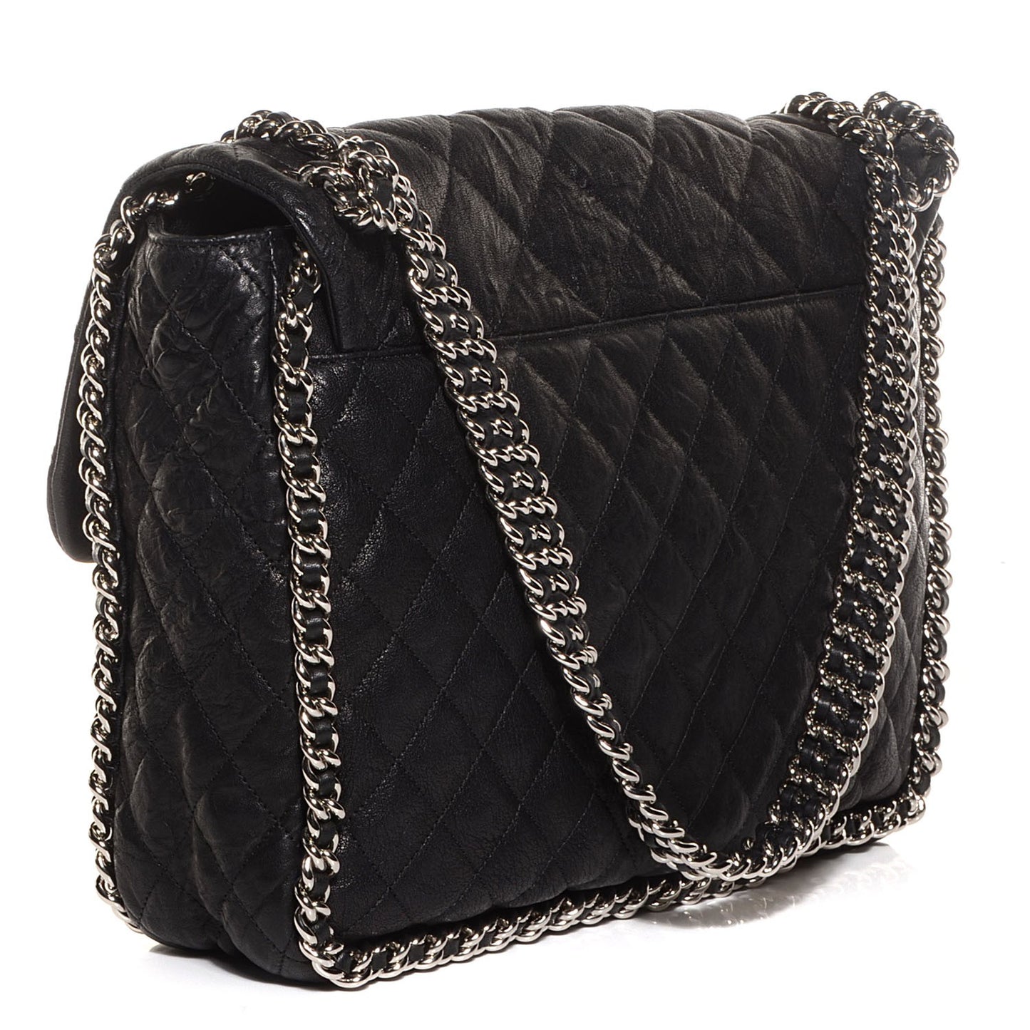 Crumpled Lambskin Chain Around Maxi Flap Bag Black