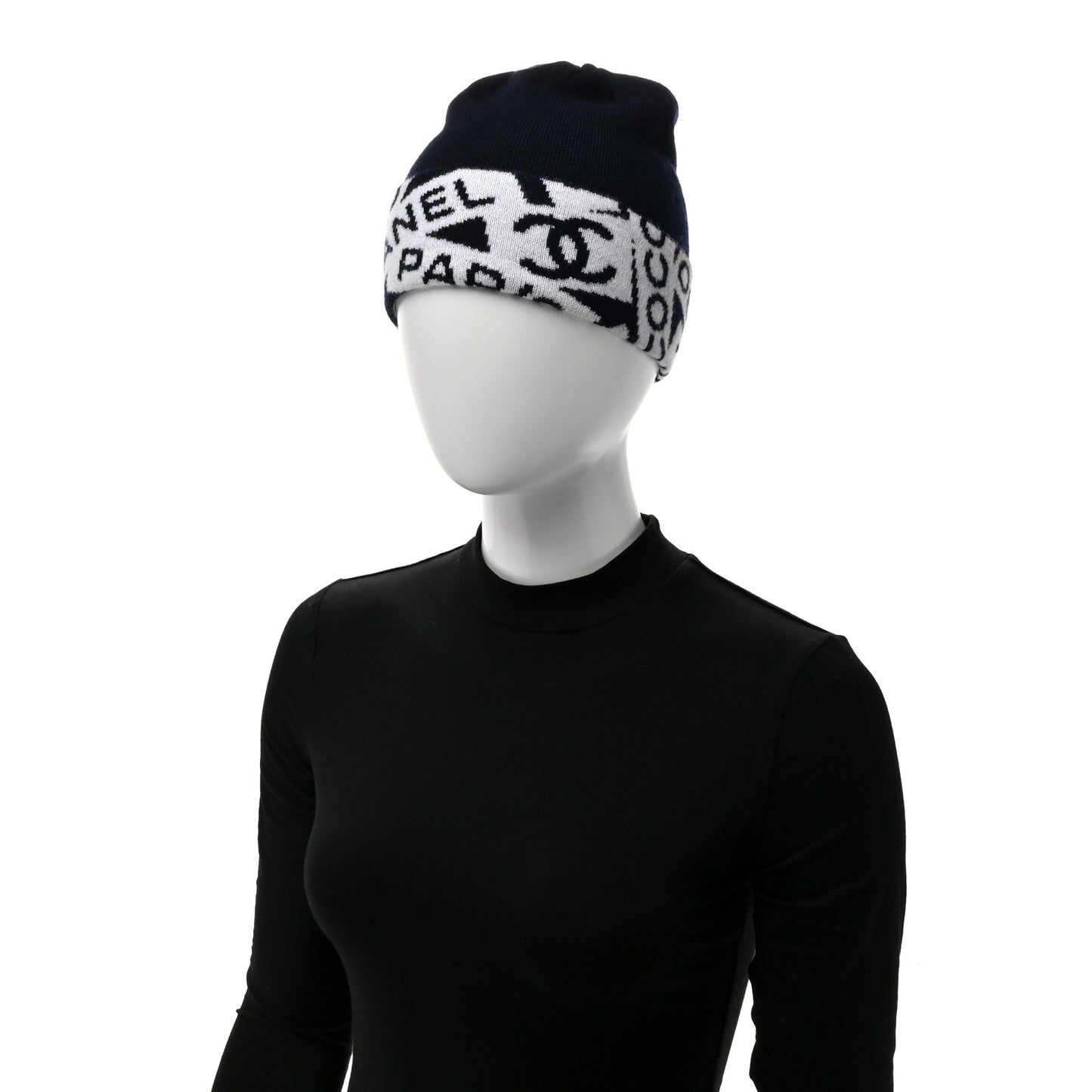 Cashmere Cotton Knit CC Cambon Beanie Hat Navy Blue Ecru