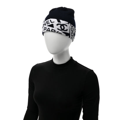 Chanel Cashmere Cotton Knit CC Cambon Beanie Hat Navy Blue Ecru 2 of 5