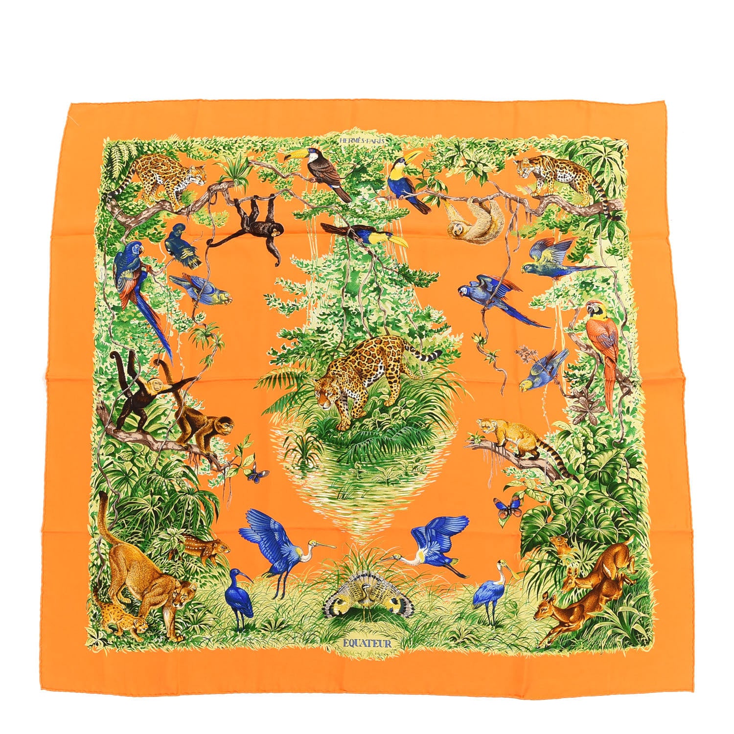 Hermes Silk Equateur Scarf 90 Orange Vert Bleu 1 of 5