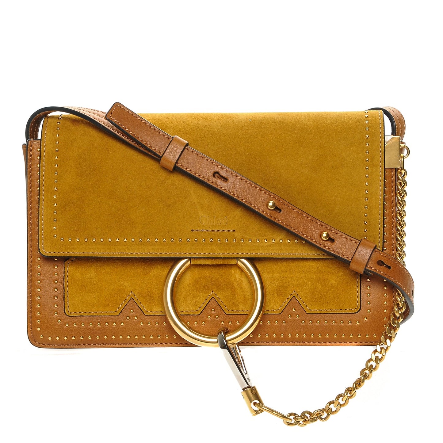 Suede Calfskin Studded Small Faye Shoulder Bag Mustard Brown
