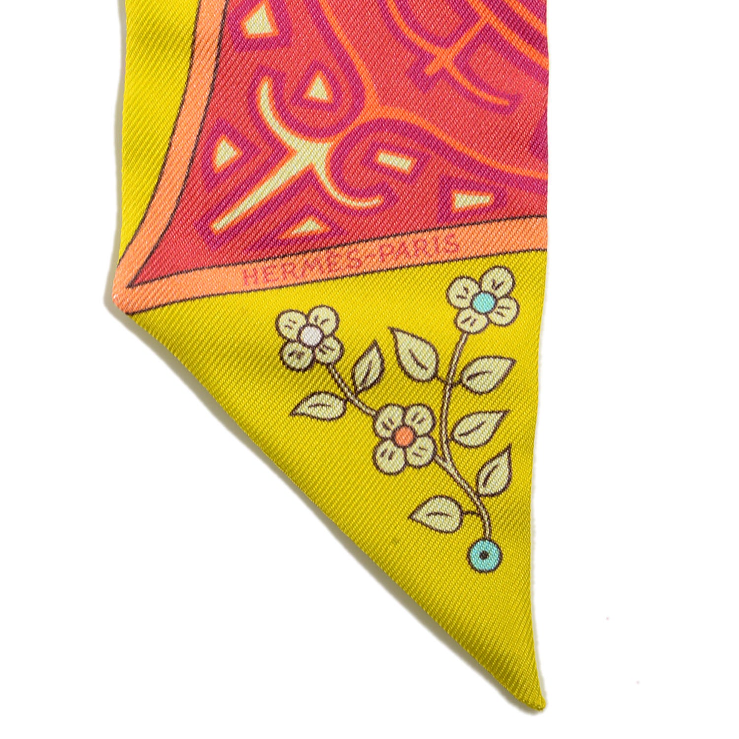 Hermes Silk L'Arbre De Vie Twilly Jaune Fluo Canard Rose 3 of 6
