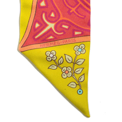Hermes Silk L'Arbre De Vie Twilly Jaune Fluo Canard Rose 3 of 6