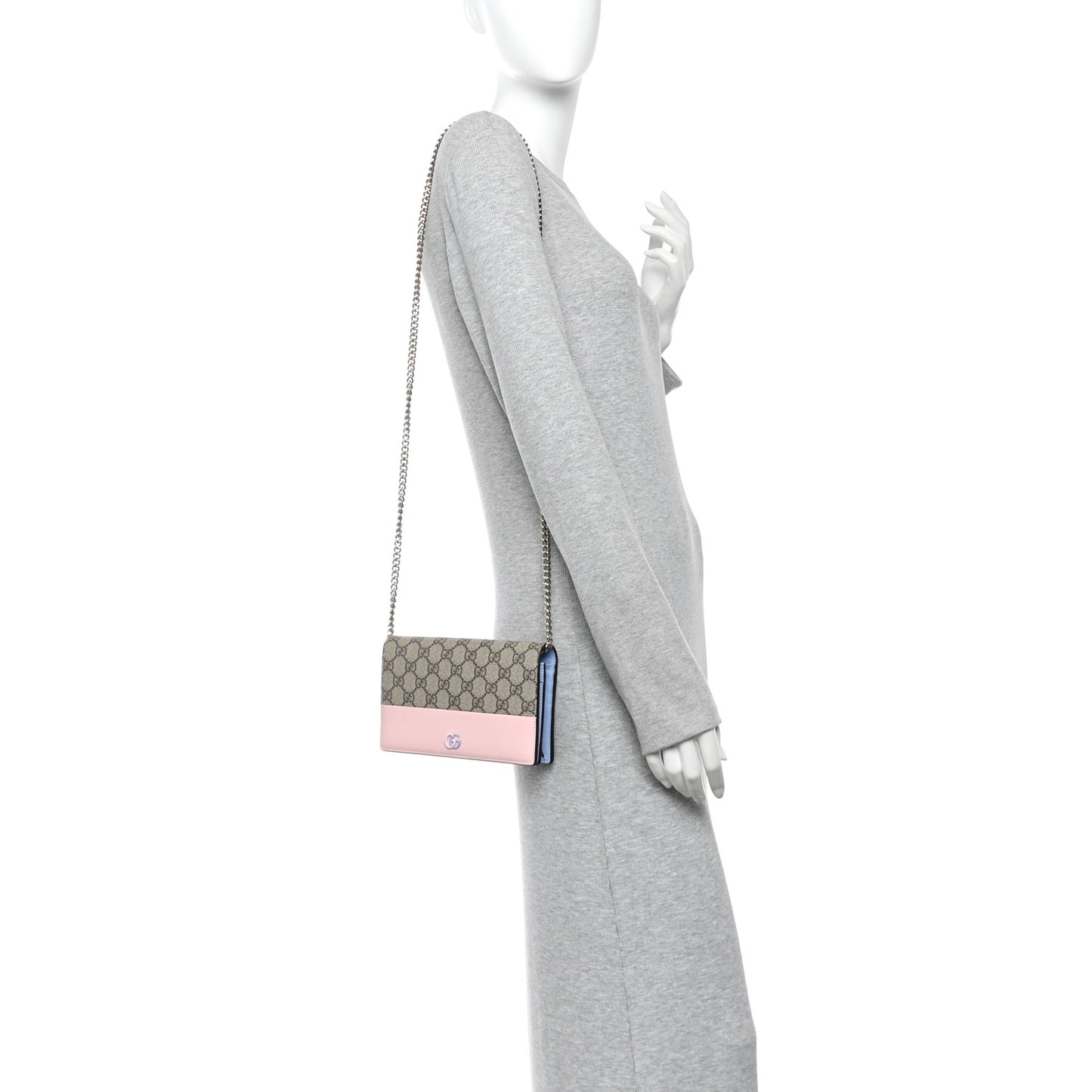 GG Supreme Monogram Textured Dollar Calfskin Mini GG Marmont Chain Wallet Light Pink Blue Beige