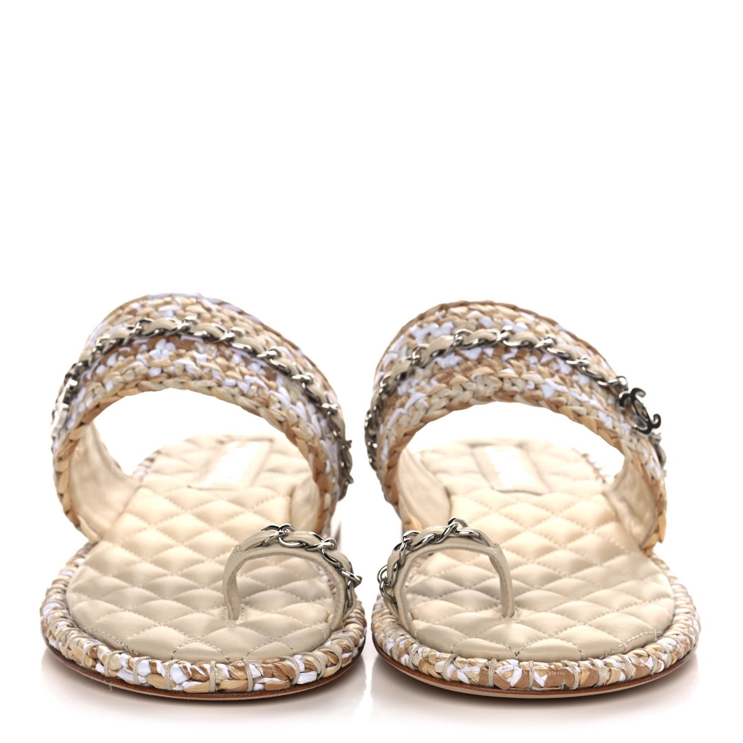 Raffia Lambskin Woven Chain CC Toe Ring Sandals 38 Beige White