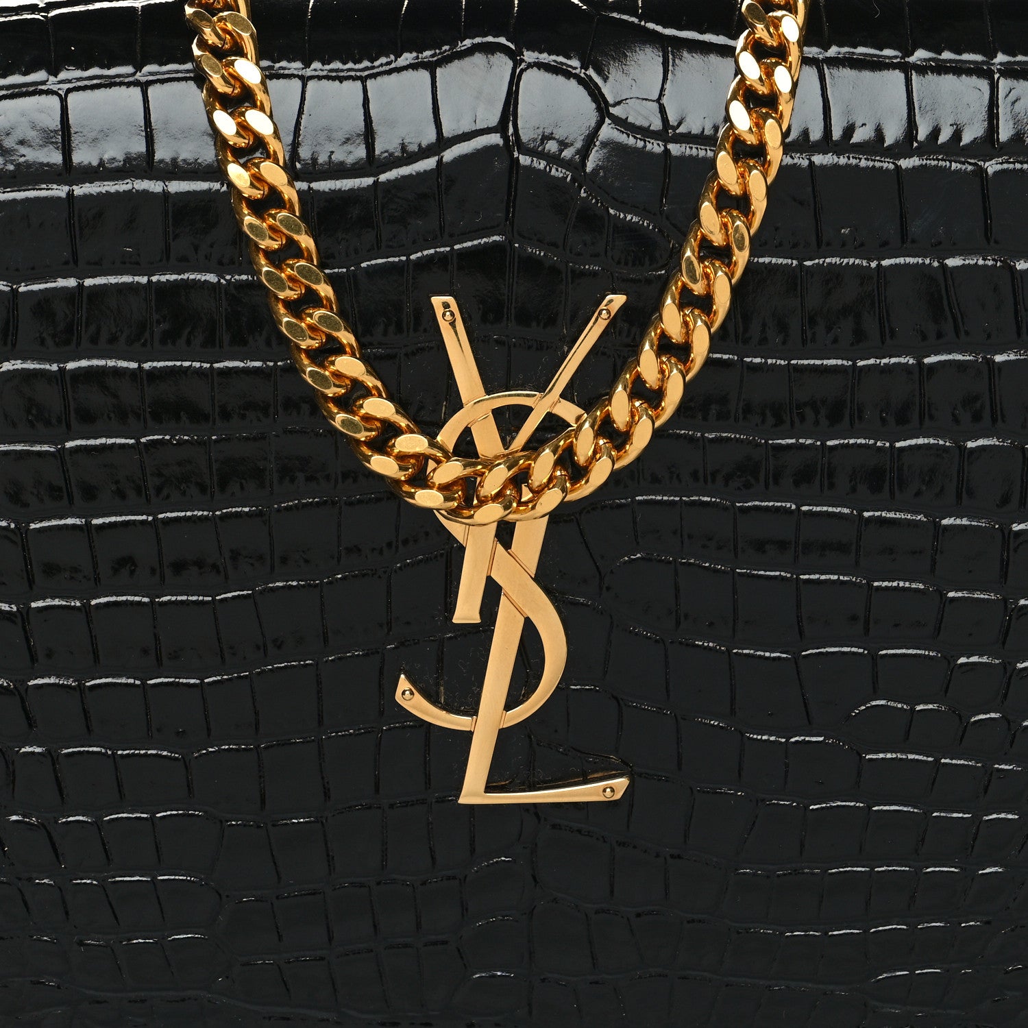Saint Laurent Calfskin Crocodile Embossed Cassandre Wallet On Chain WOC Black 8 of 11