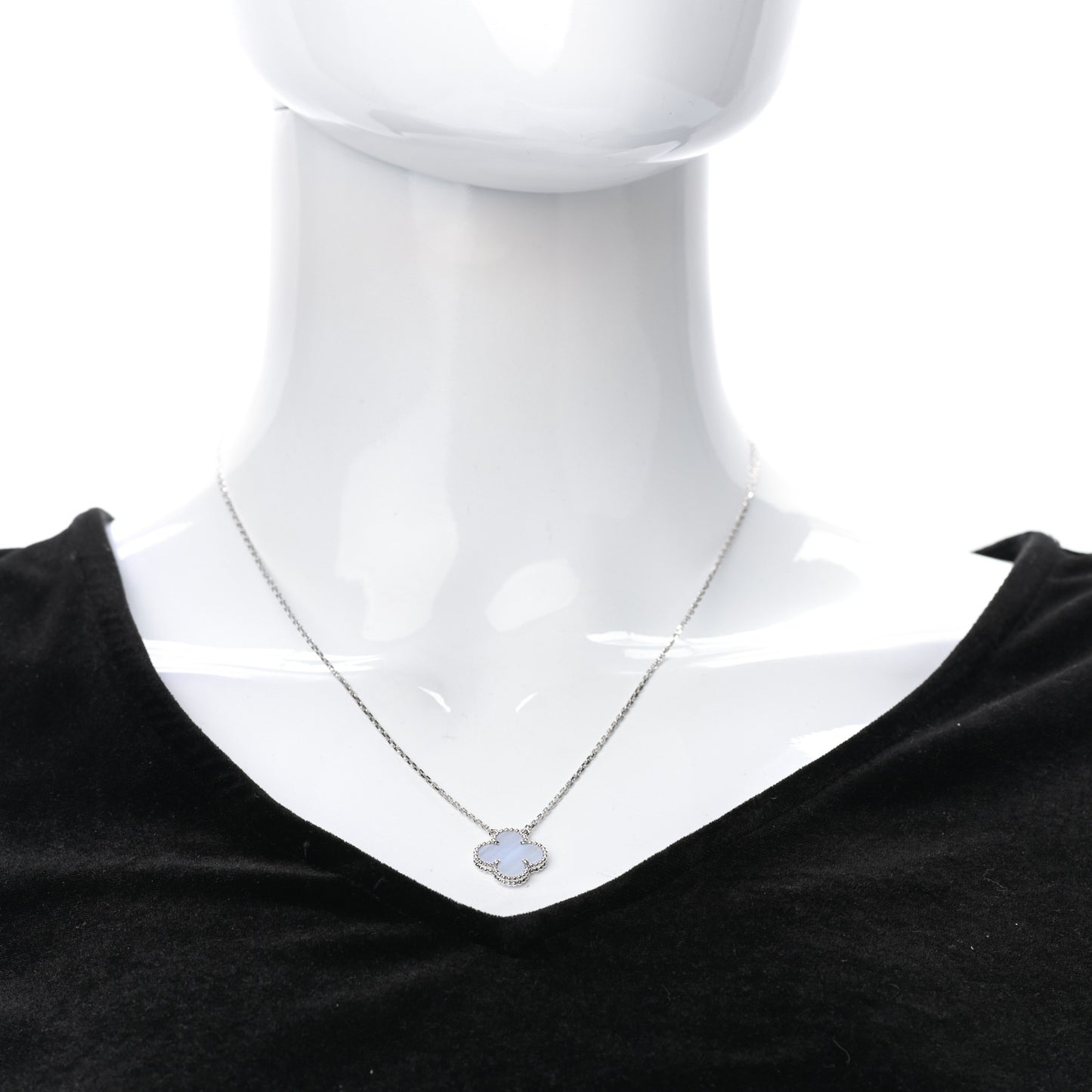 18K White Gold Chalcedony Vintage Alhambra Pendant Necklace