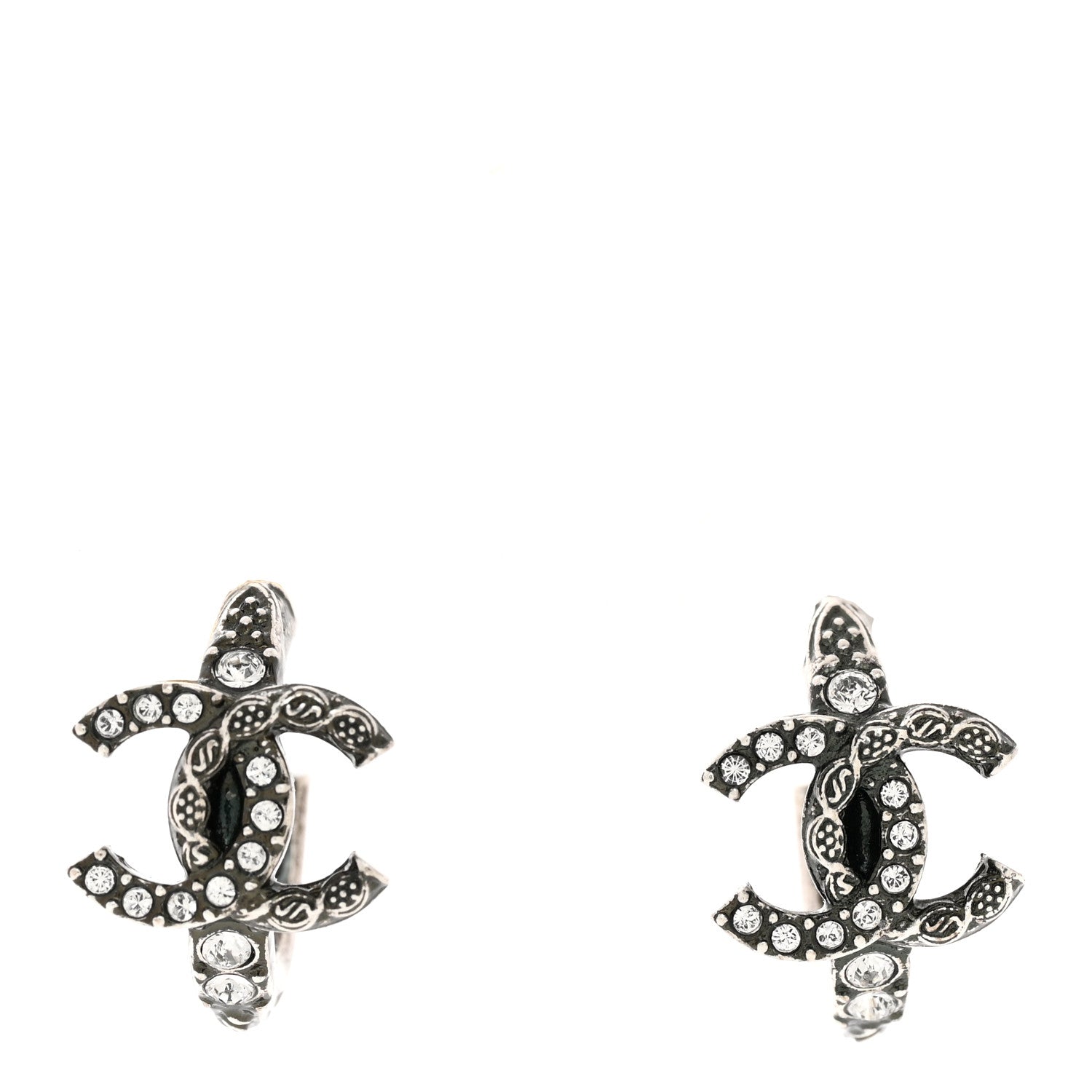 Chanel Metal Crystal CC Hoop Drop Earrings Silver 1 of 4