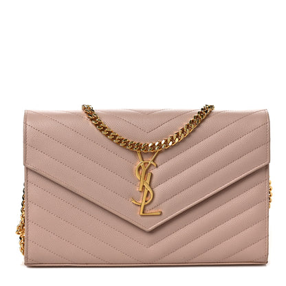 Saint Laurent Grain De Poudre Matelasse Chevron Monogram Chain Wallet Pale Pink 1 of 8