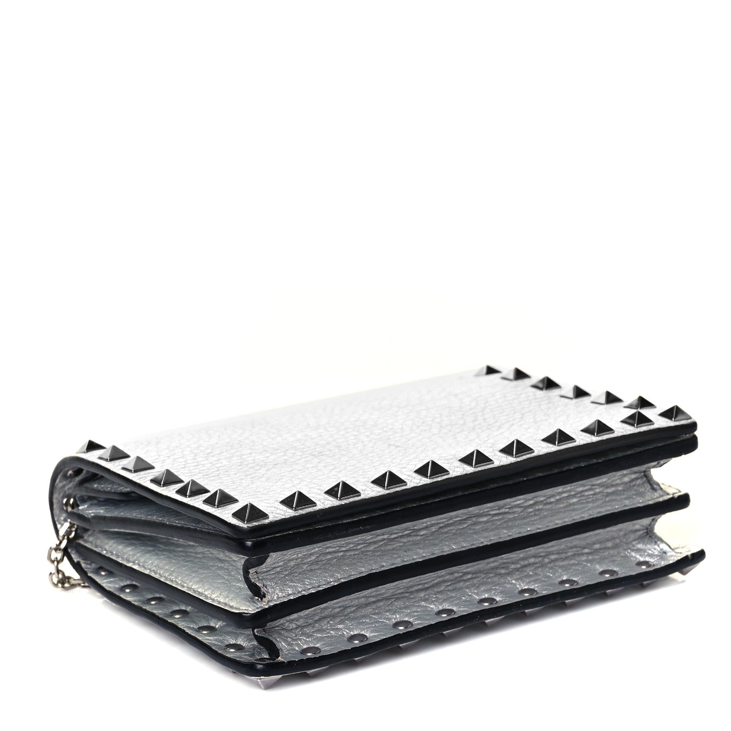 Metallic Pebbled Calfskin Rockstud Wallet on Chain Silver