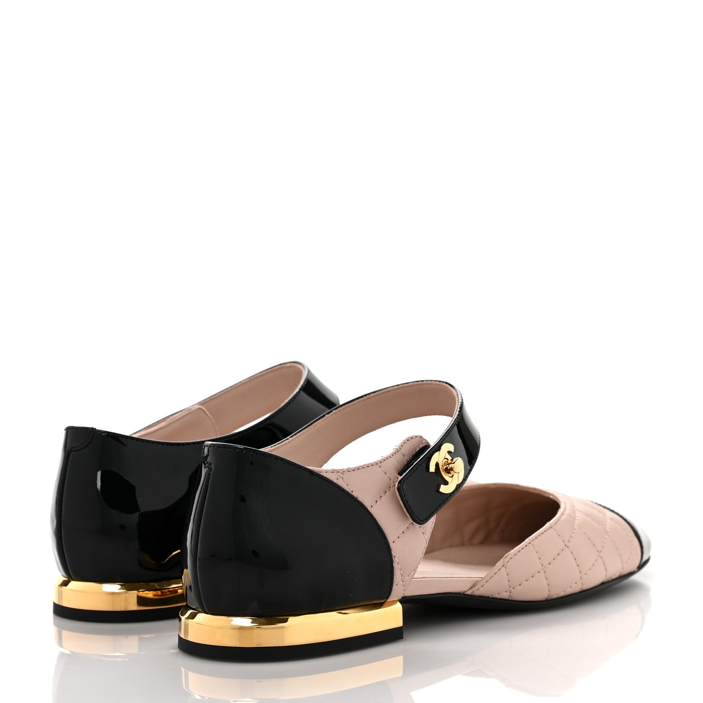 Patent Lambskin Quilted Cap Toe Ballerina Flats 36 Beige Black