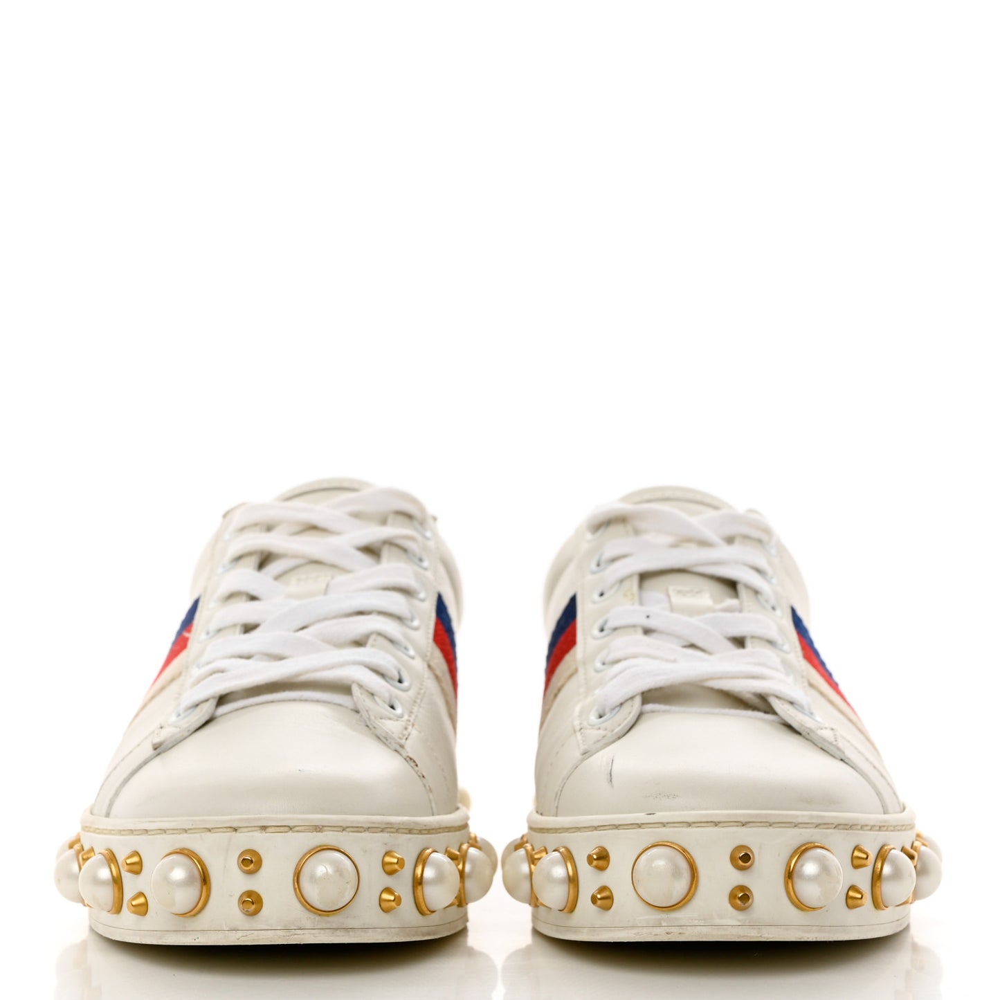 Calfskin Ayers Web Pearl Studded Womens Ace Sneakers 37 White