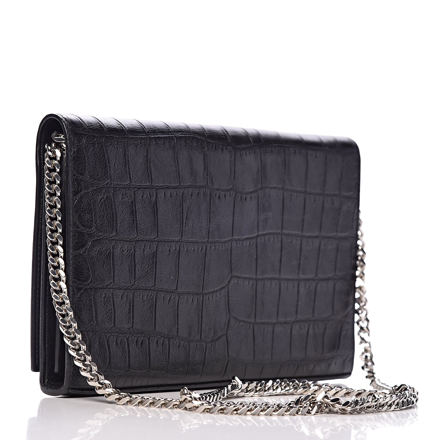 Saint Laurent Calfskin Crocodile Embossed Monogram Chain Wallet Black 3 of 11