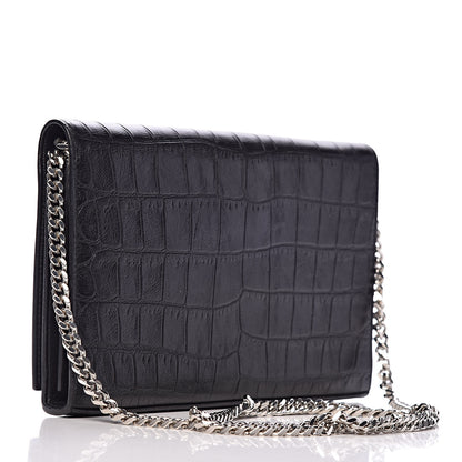 Saint Laurent Calfskin Crocodile Embossed Monogram Chain Wallet Black 3 of 11