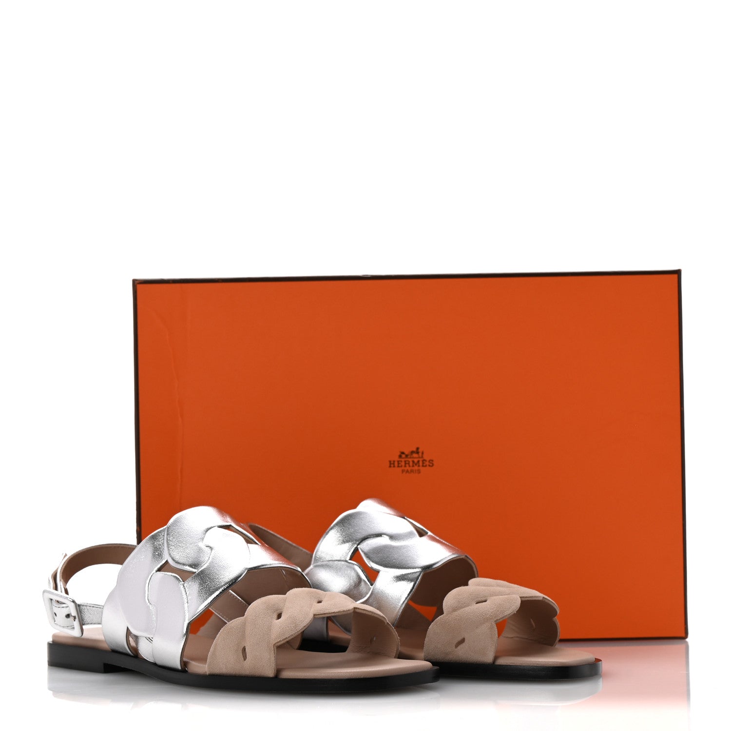 Hermes Metallic Nappa Chevre Velours Womens Grace Sandals 36.5 Gris Argente Beige 10 of 10