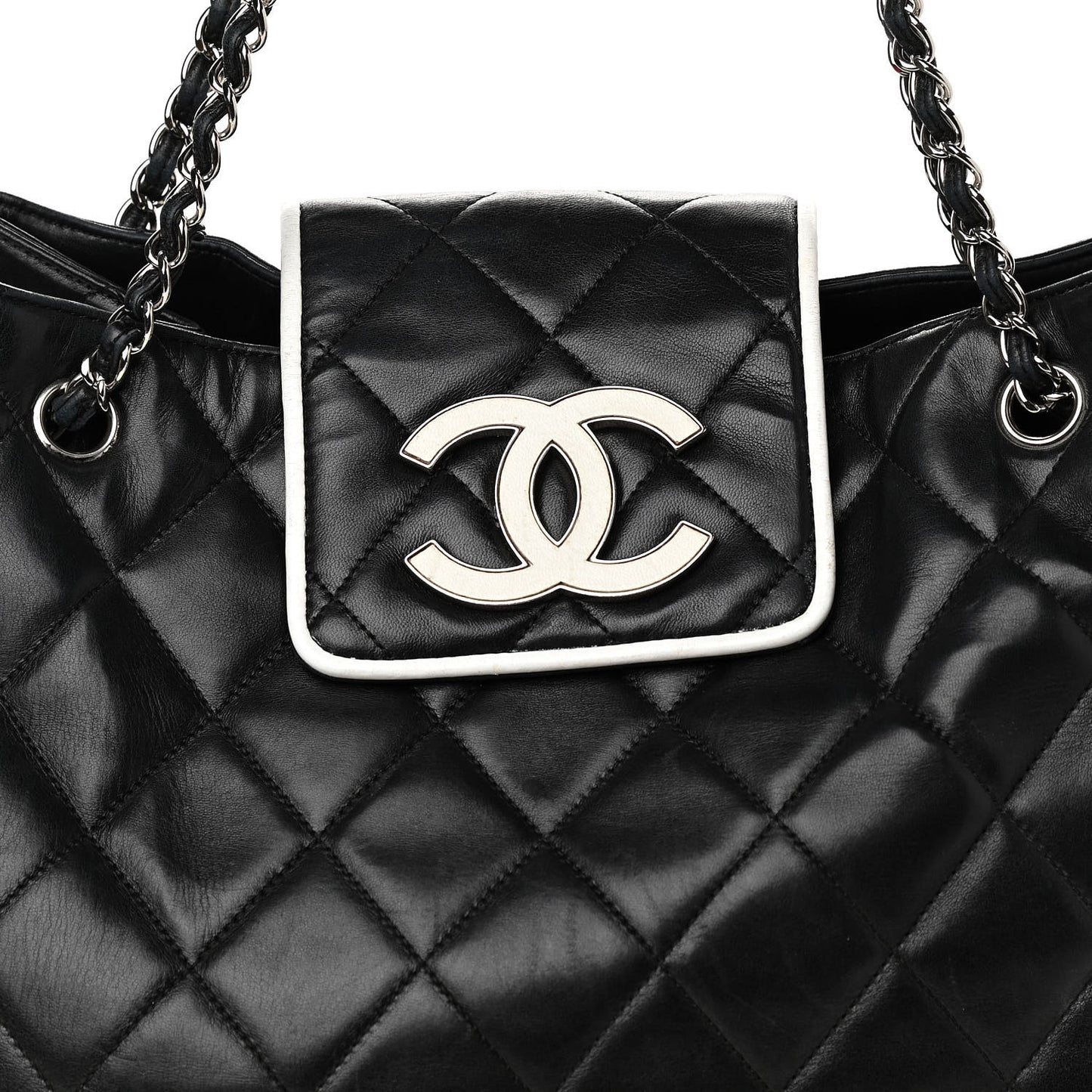 Lambskin Quilted Tote Black White