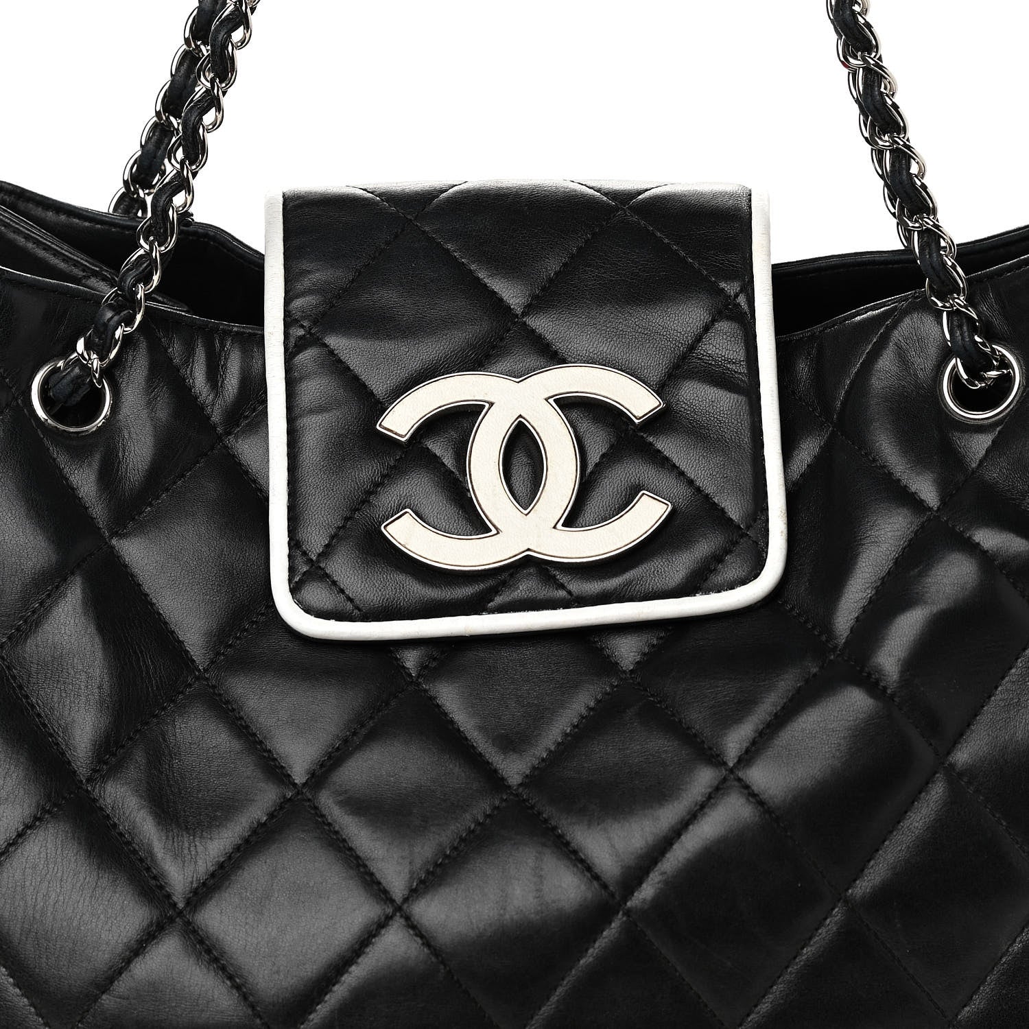 Chanel Lambskin Quilted Tote Black White 8 of 17