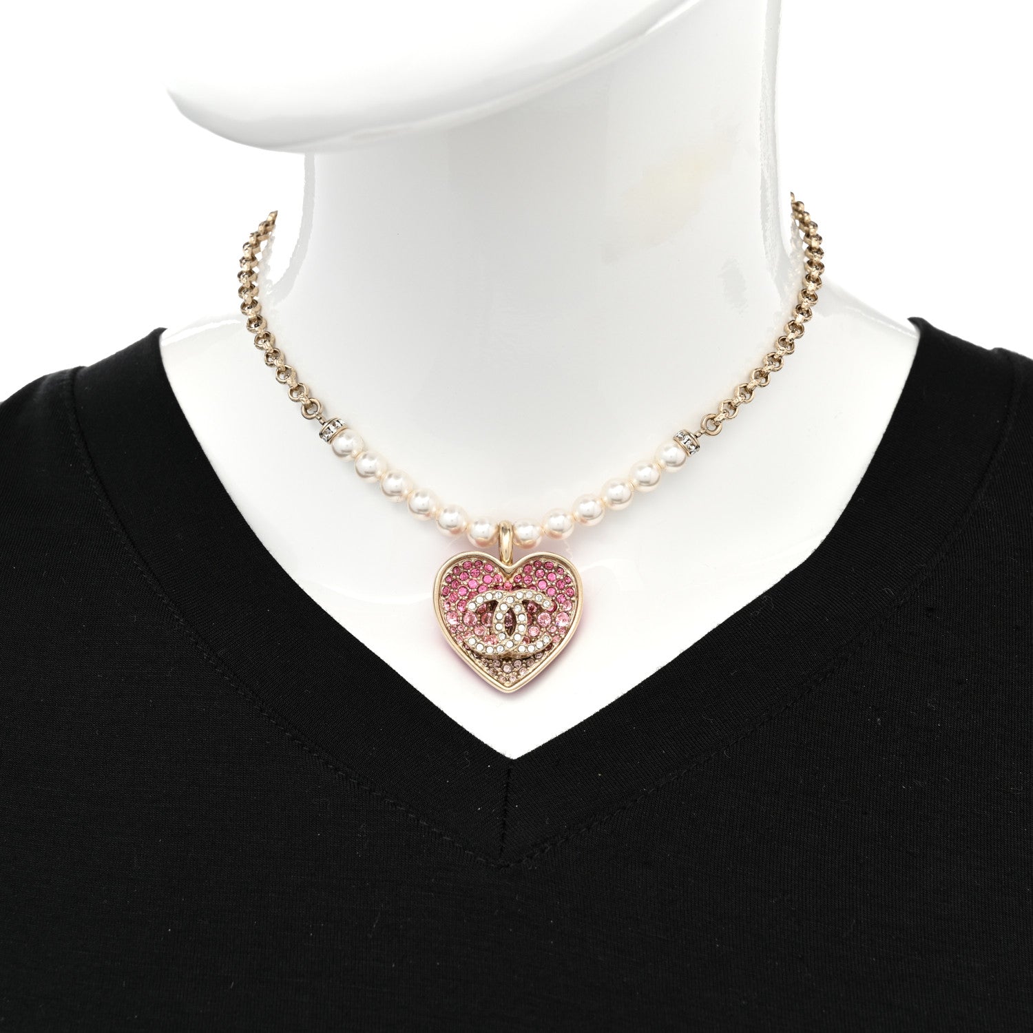 Chanel Pearl Crystal Resin CC Heart Short Necklace Pink Gold White 2 of 8