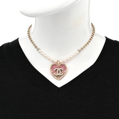 Chanel Pearl Crystal Resin CC Heart Short Necklace Pink Gold White 2 of 8