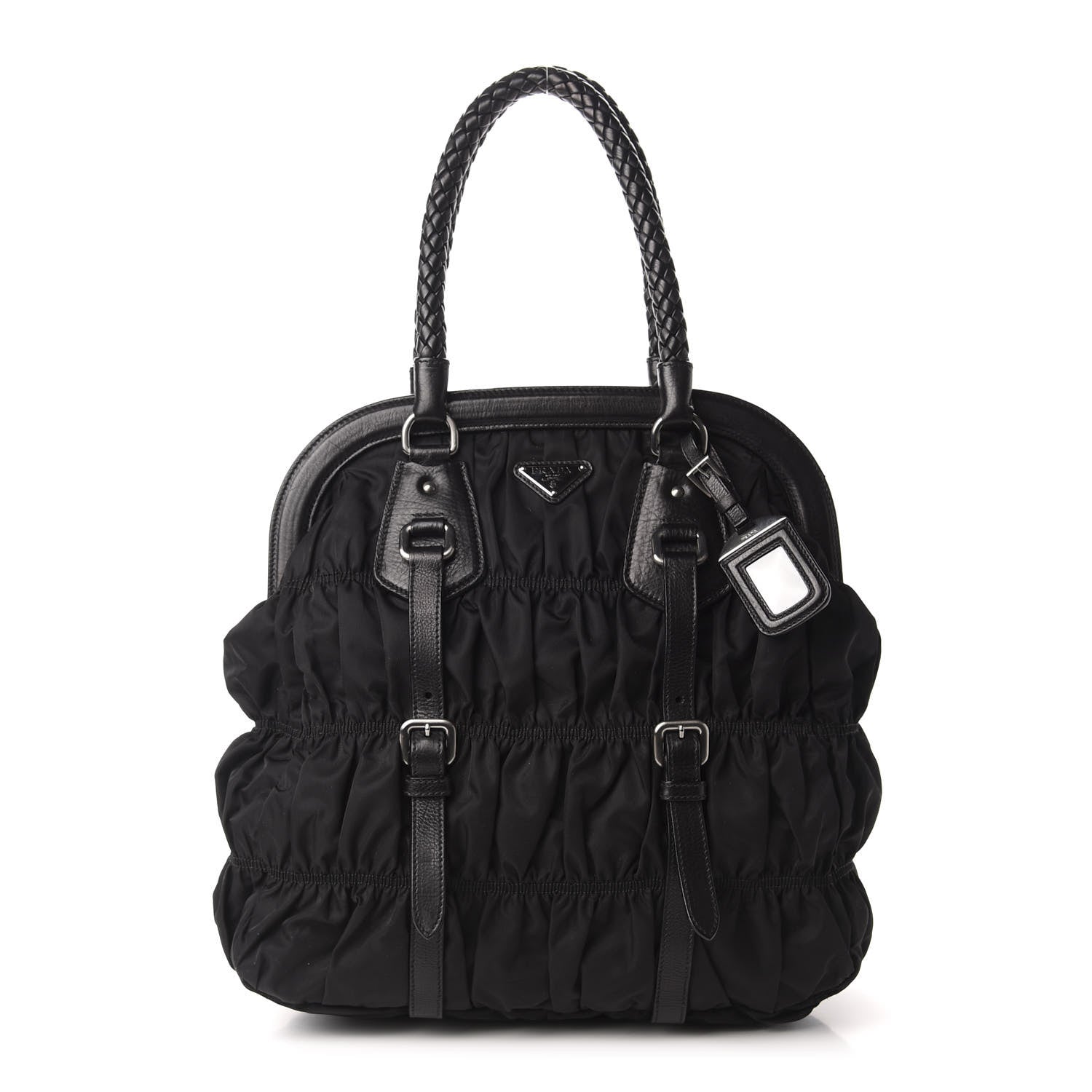 Prada Tessuto Nylon Nappa Braided Gaufre Frame Tote Black 1 of 12