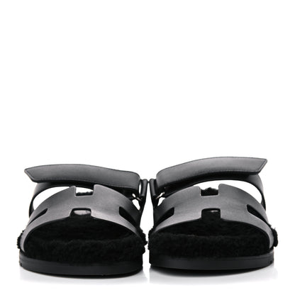 Hermes Calfskin Woolskin Womens Chypre Sandals 38.5 Black 2 of 11